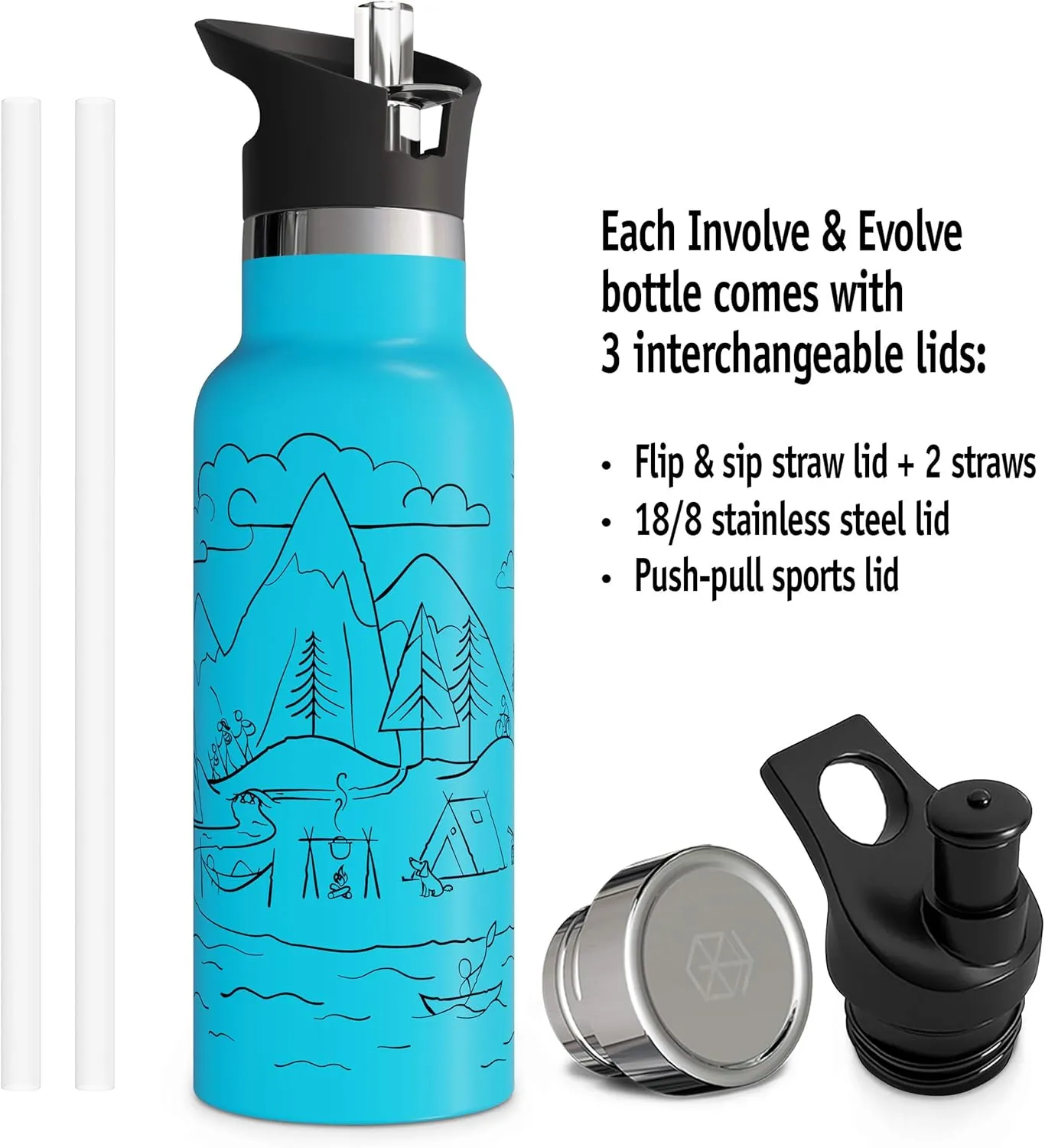 Kids Water Bottle Easy-Sip Straw Lid Leak-Proof Insulated Stainless Steel Thermos Perfect for School & Pickleball 3 Lids BPA-Free Keeps Drinks Cold for 24 Hours (Stay Wild 20oz)