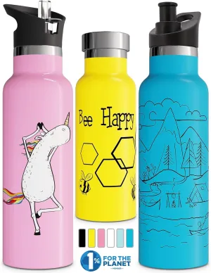 Kids Water Bottle Easy-Sip Straw Lid Leak-Proof Insulated Stainless Steel Thermos Perfect for School & Pickleball 3 Lids BPA-Free Keeps Drinks Cold for 24 Hours (Stay Wild 20oz)