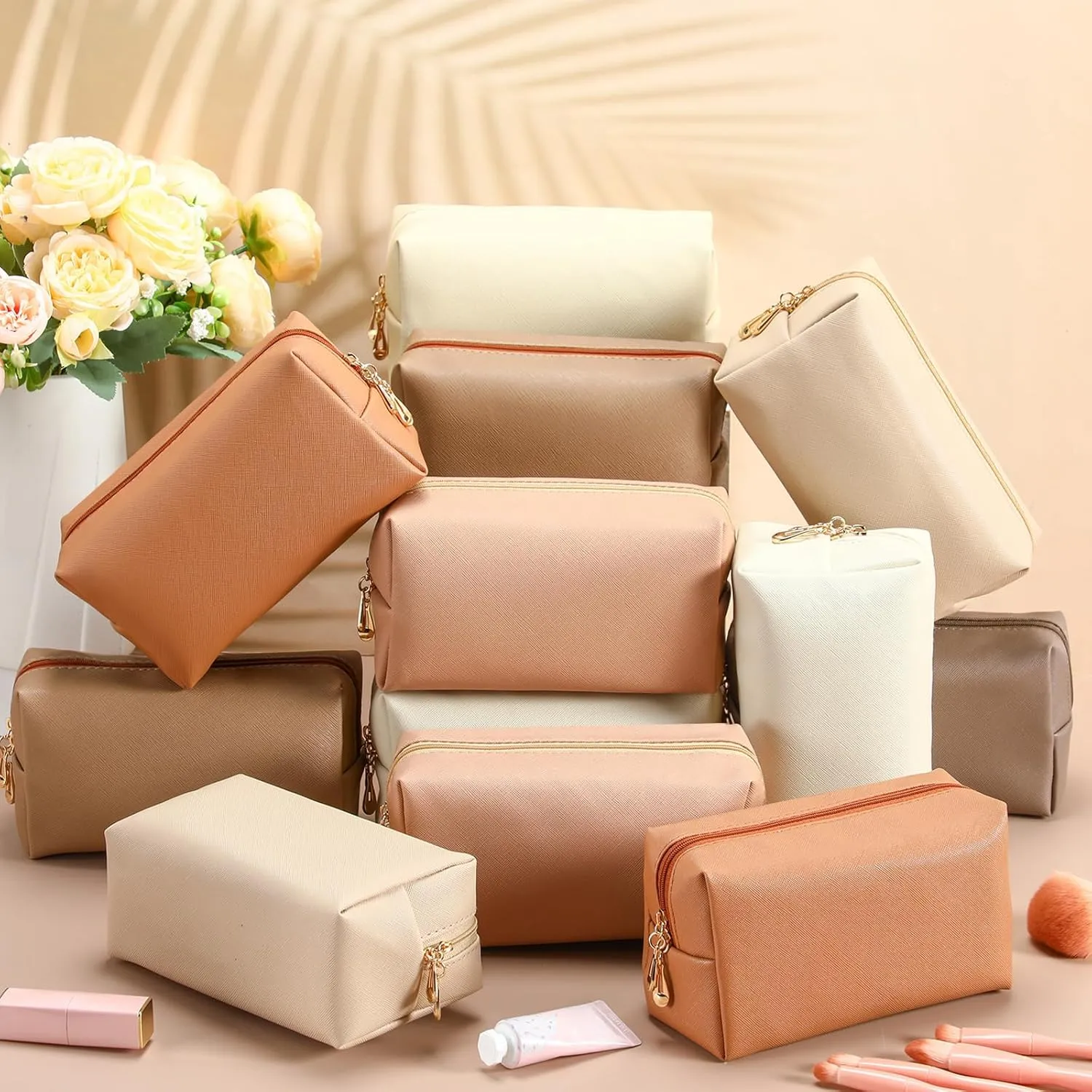 Kigeli 15 Pcs Aesthetic Makeup Bags PU Leather Cosmetic Pouches Waterproof Plain Toiletry Bags Makeup Pouches Bulk for Women Party Gift Travel Storage Organizer(Retro Color)