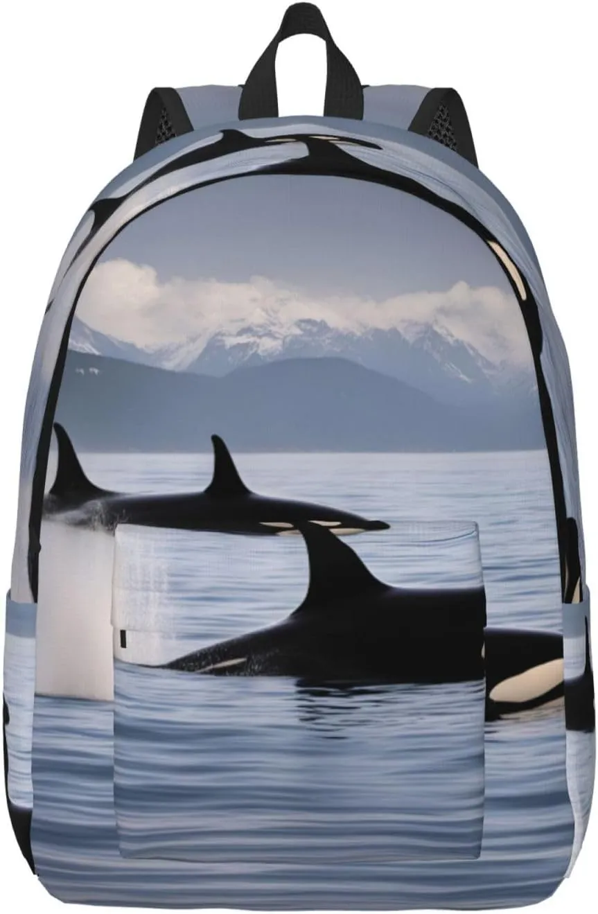 Killer Whales Swim Along Classic Style Backpacks Travel Bag For Men Women Lightweight Back Pack With Laptop Compartmen