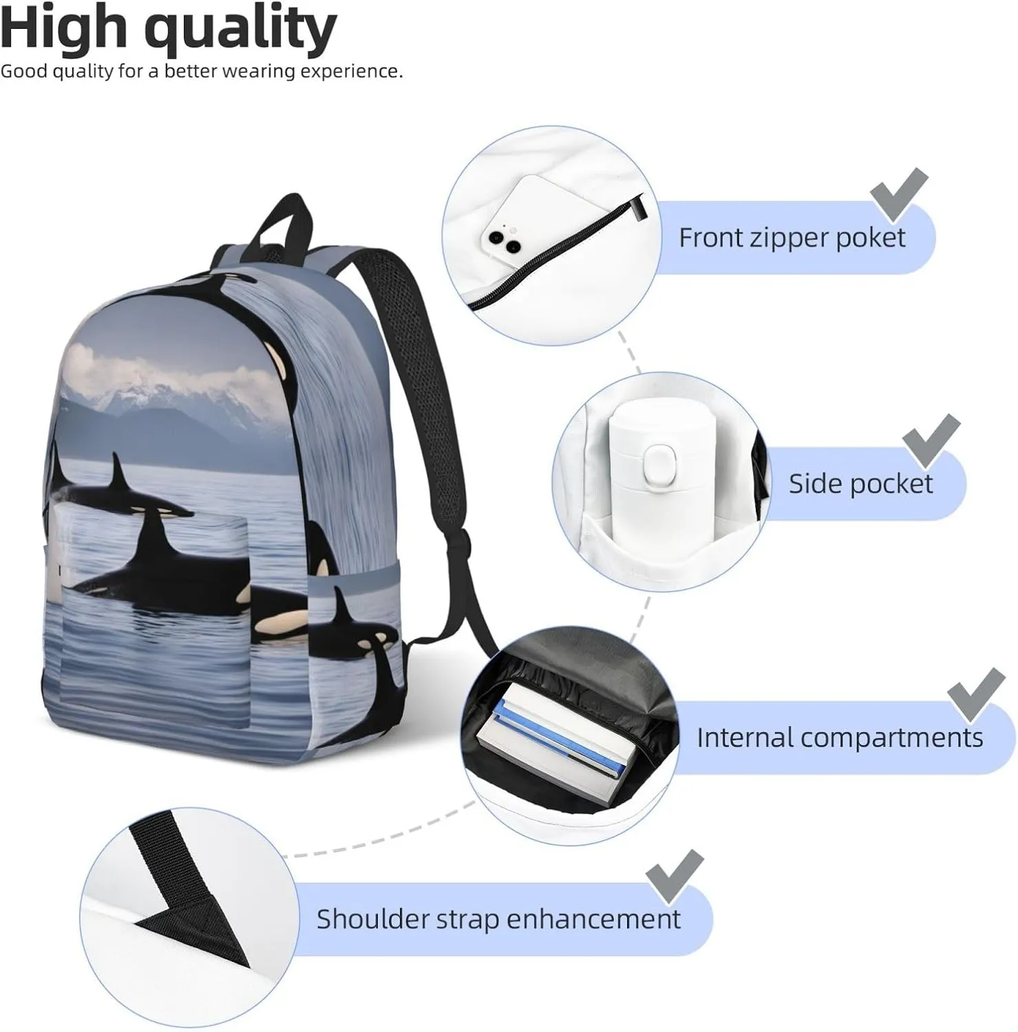 Killer Whales Swim Along Classic Style Backpacks Travel Bag For Men Women Lightweight Back Pack With Laptop Compartmen