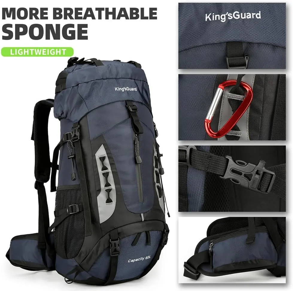 King'sGuard 60L Hiking Backpack Large Waterproof Camping Backpack for Men and Women Lightweight Frameless Backpacking Backpack with Rain Cover (Navy Blue)