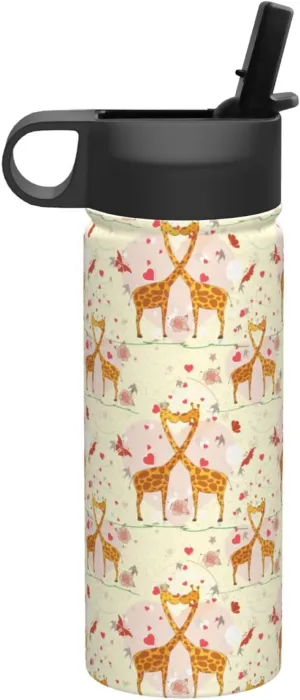 Kissing Giraffe Heart Butterfly Print Flask Stainless Steel Water Bottle with Straw 18OZ FOR Outdoor Gym Commute