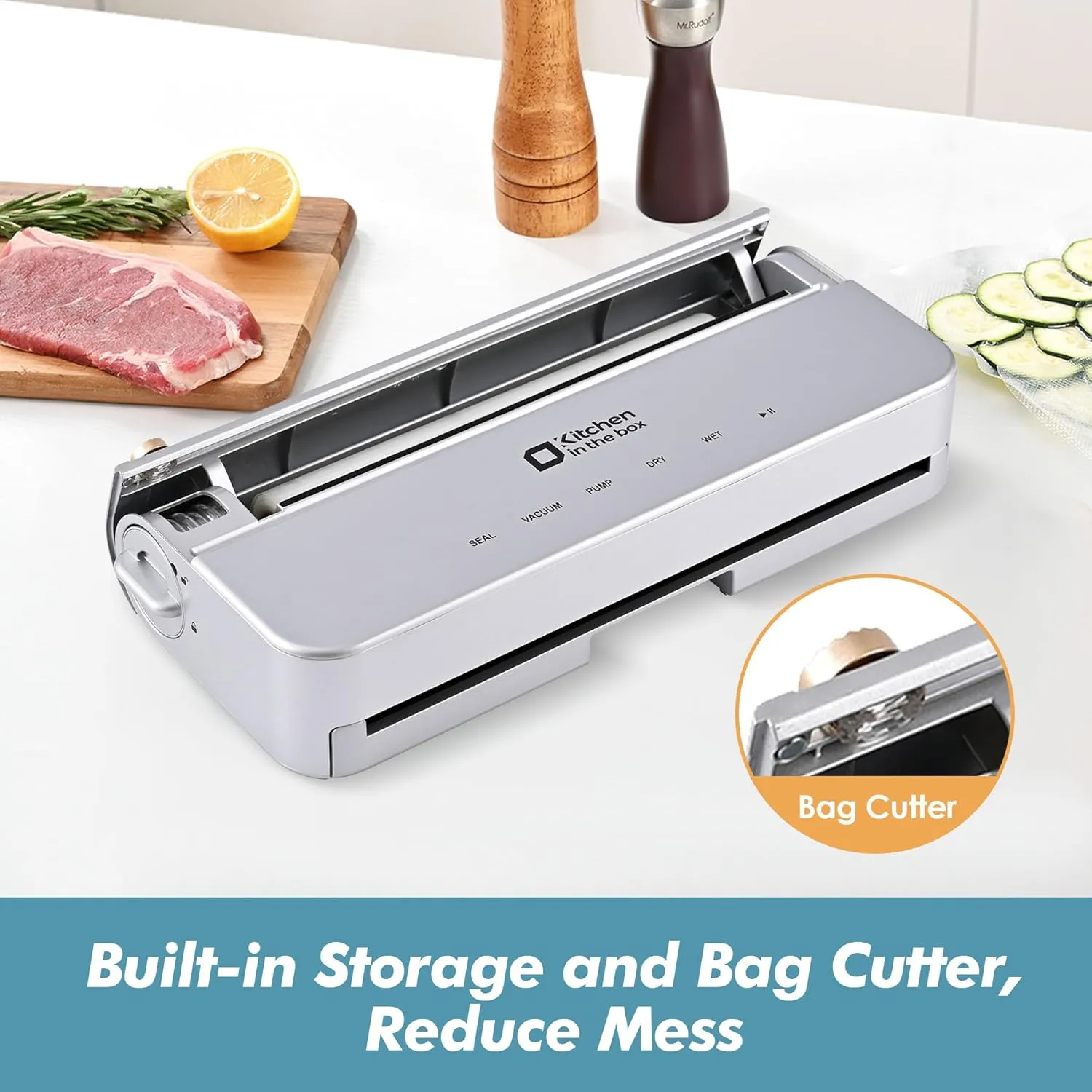 Kitchen in the box Smart Vacuum Sealer Machine with Bag & Cutter, One-Touch Food Sealing System with External Vacuum for All Preservation Needs, Includes 5M Bag Rolls, Silver