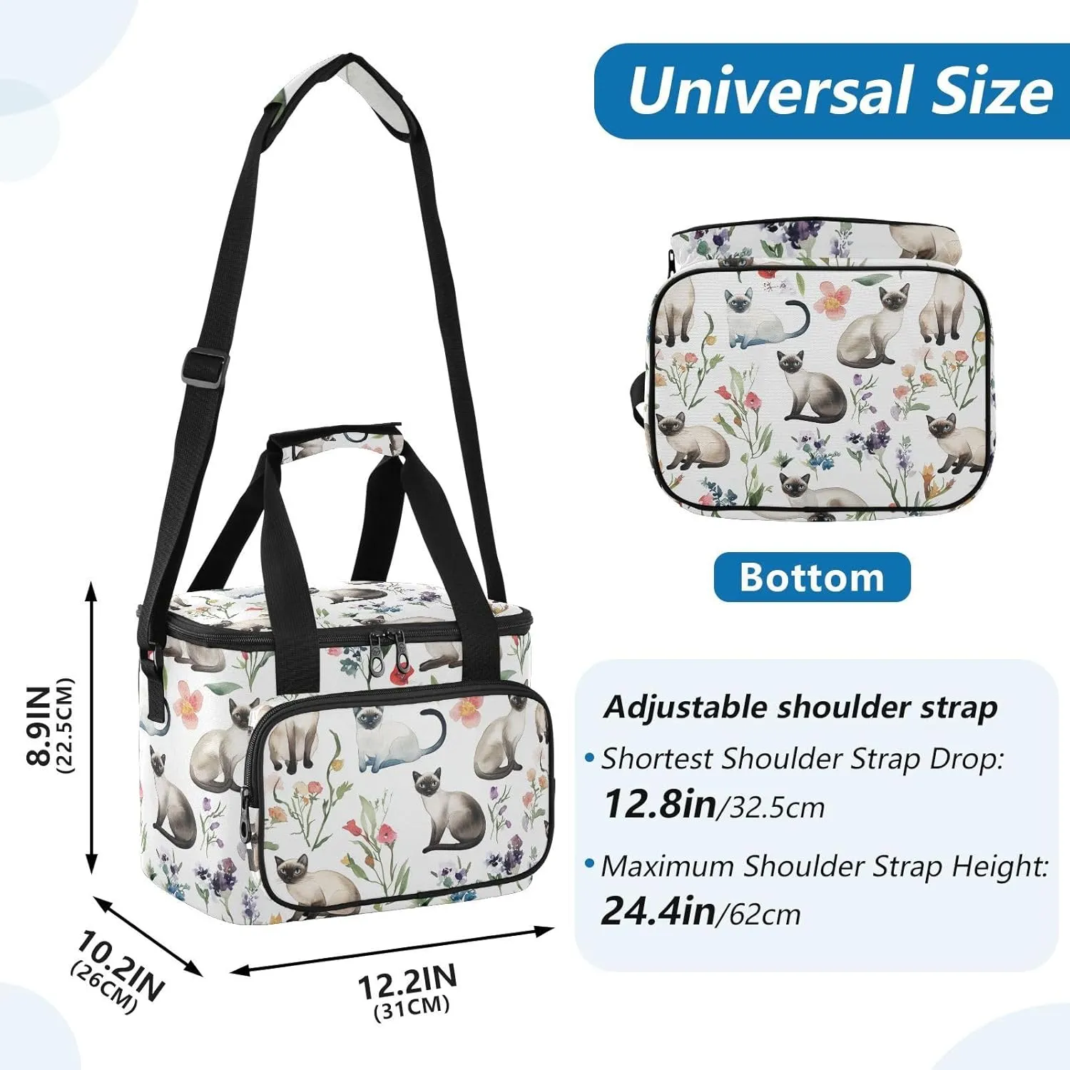 KLL Cartoon Siamese Cats White Large Capacity Mens Lunch Bag Crossbody Lunch Box Bags for Teenagers