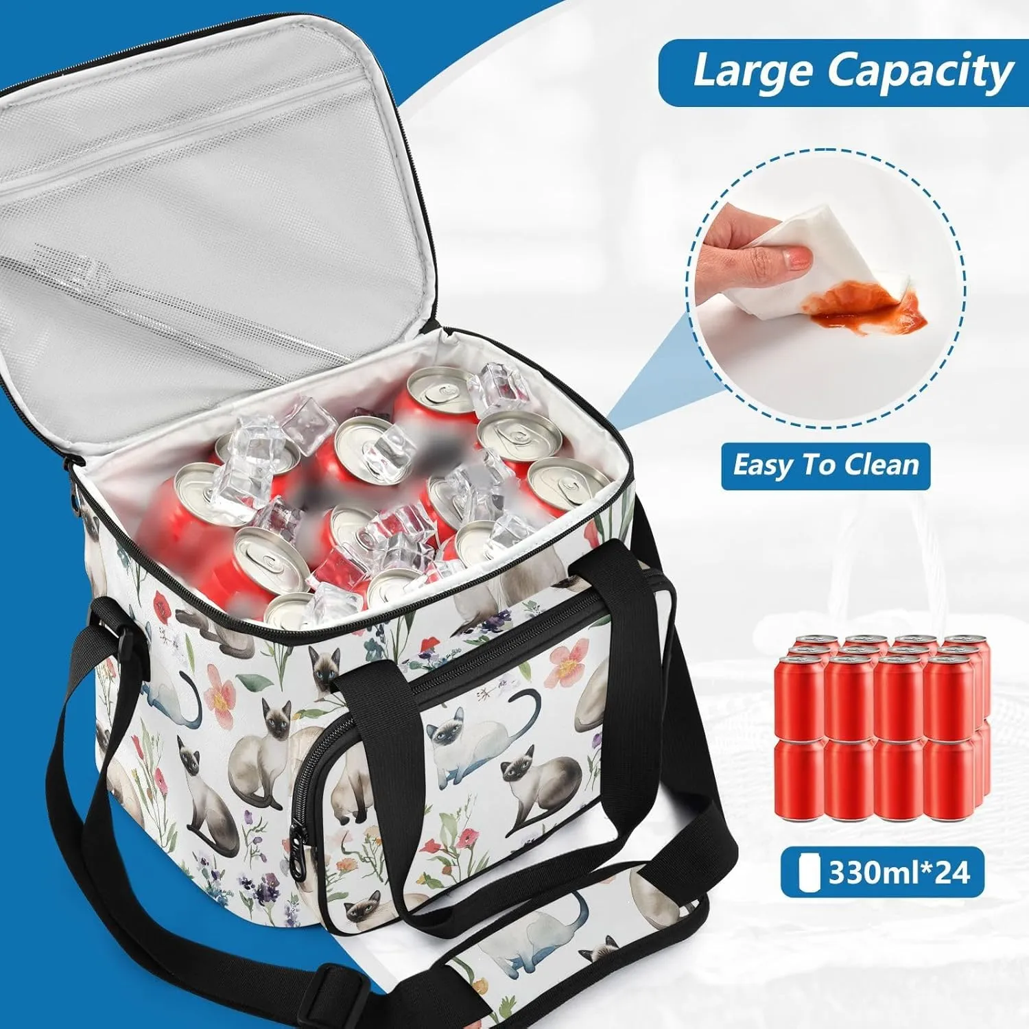 KLL Cartoon Siamese Cats White Large Capacity Mens Lunch Bag Crossbody Lunch Box Bags for Teenagers