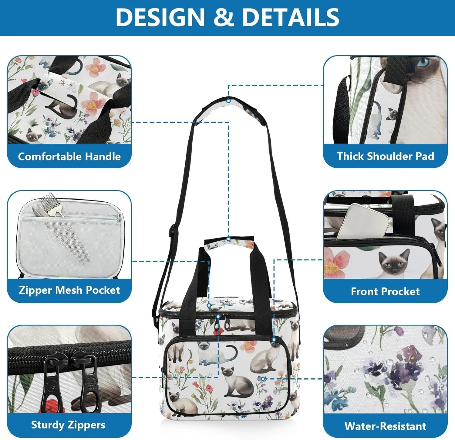 KLL Cartoon Siamese Cats White Large Capacity Mens Lunch Bag Crossbody Lunch Box Bags for Teenagers