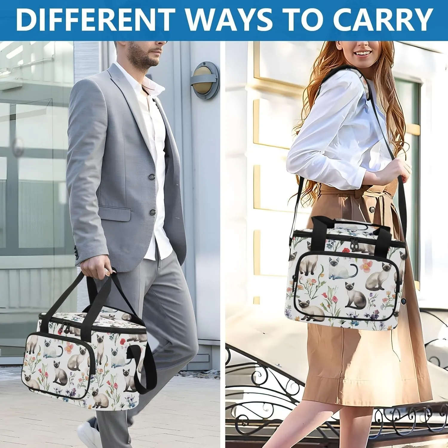 KLL Cartoon Siamese Cats White Large Capacity Mens Lunch Bag Crossbody Lunch Box Bags for Teenagers