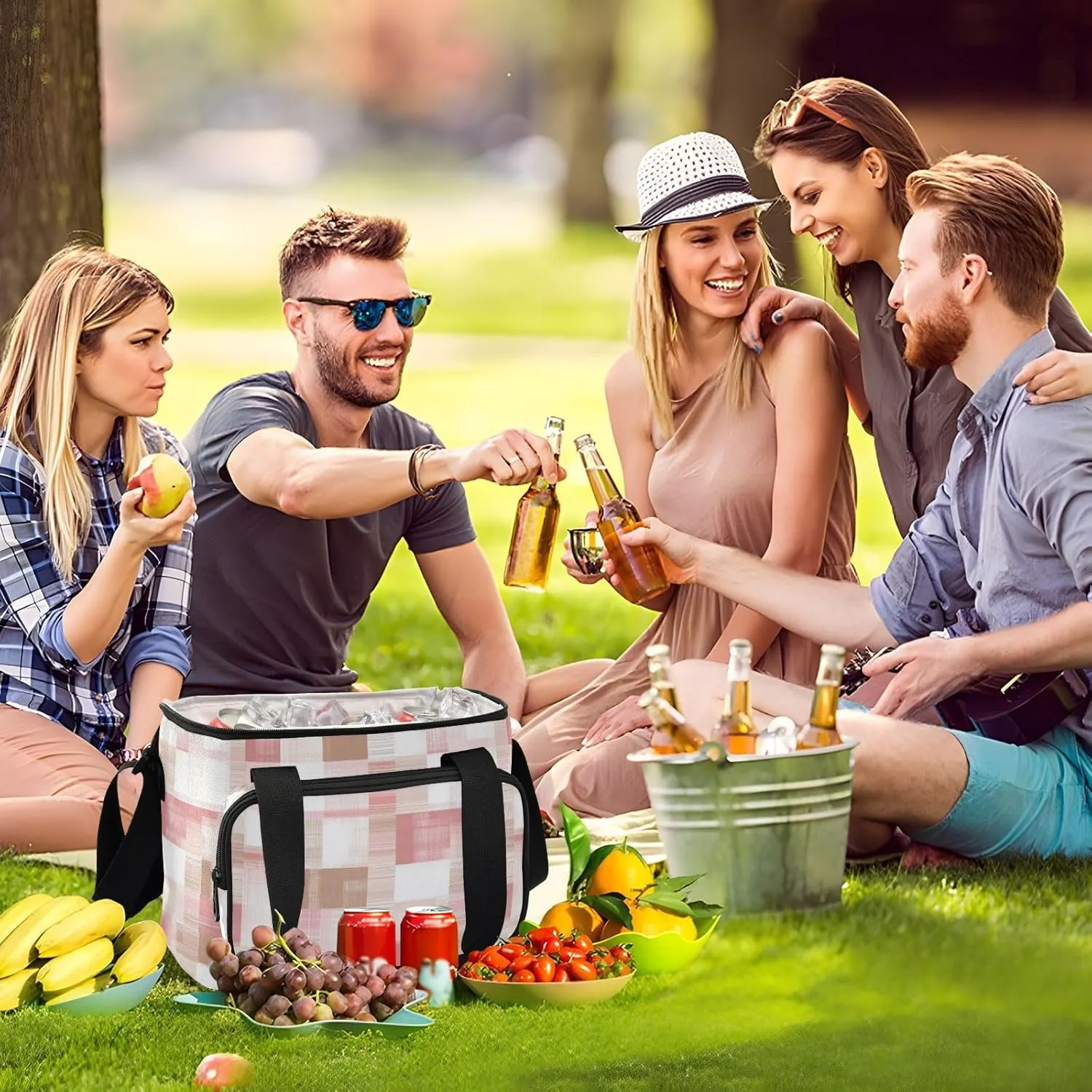 KLL Herringbone Houndstooth Checked White Pink Large Capacity Big Lunch Bags Crossbody Meal Prep Lunch Bag for Teachers