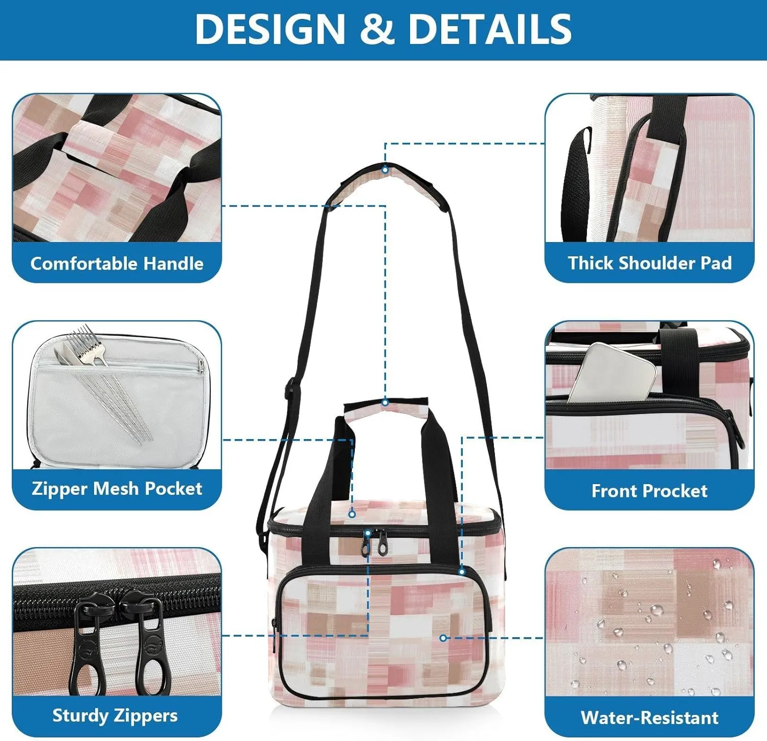 KLL Herringbone Houndstooth Checked White Pink Large Capacity Big Lunch Bags Crossbody Meal Prep Lunch Bag for Teachers