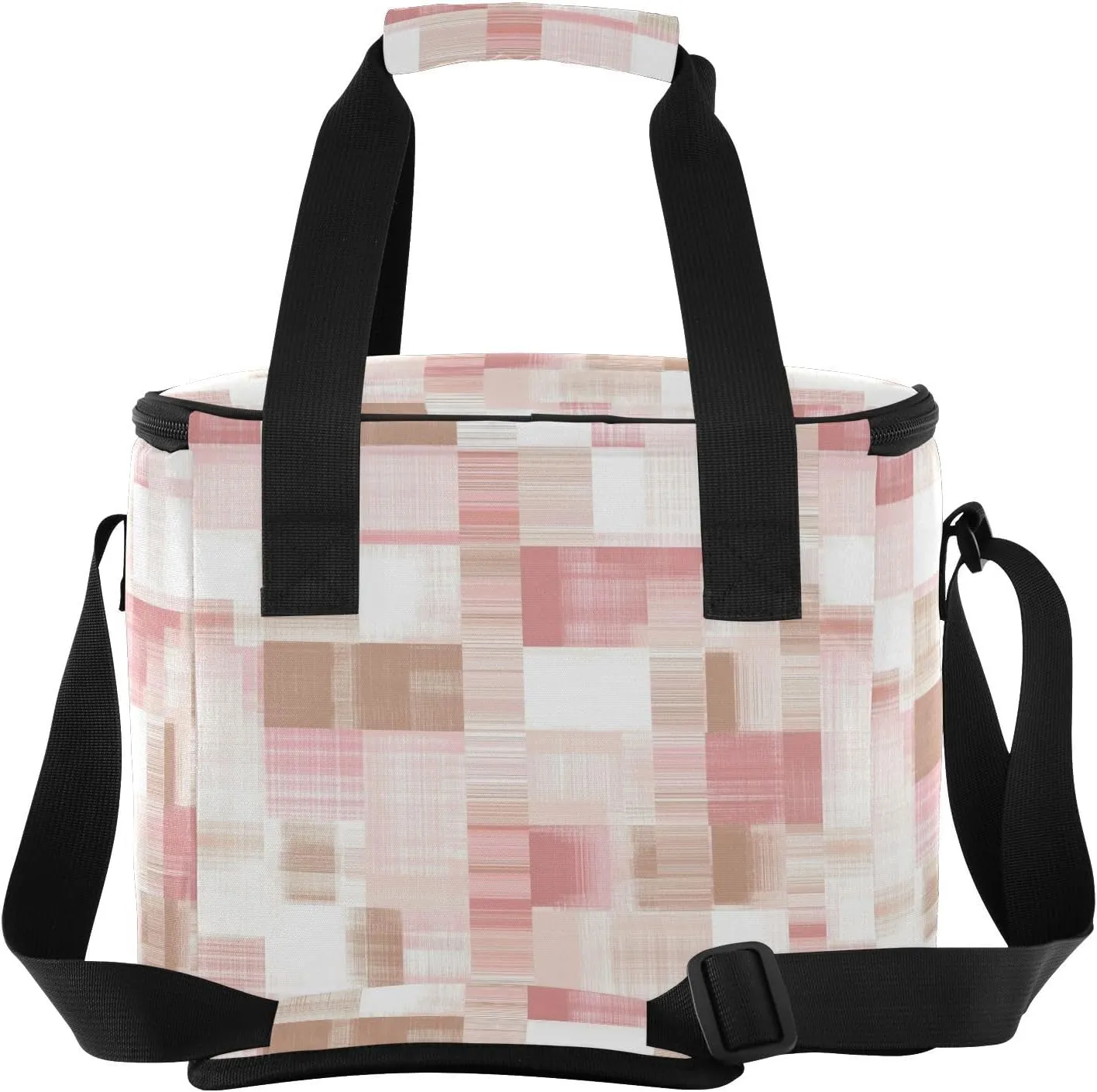 KLL Herringbone Houndstooth Checked White Pink Large Capacity Big Lunch Bags Crossbody Meal Prep Lunch Bag for Teachers