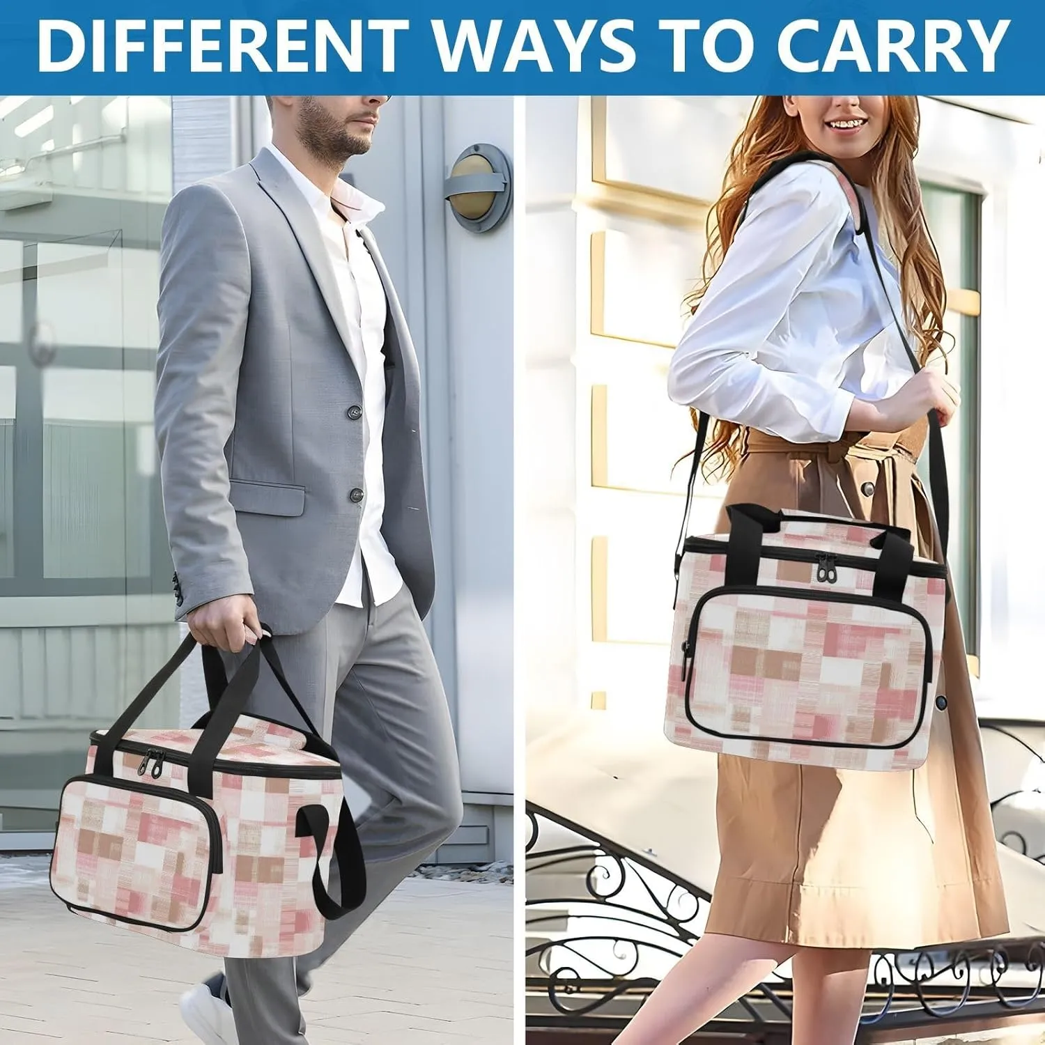 KLL Herringbone Houndstooth Checked White Pink Large Capacity Big Lunch Bags Crossbody Meal Prep Lunch Bag for Teachers