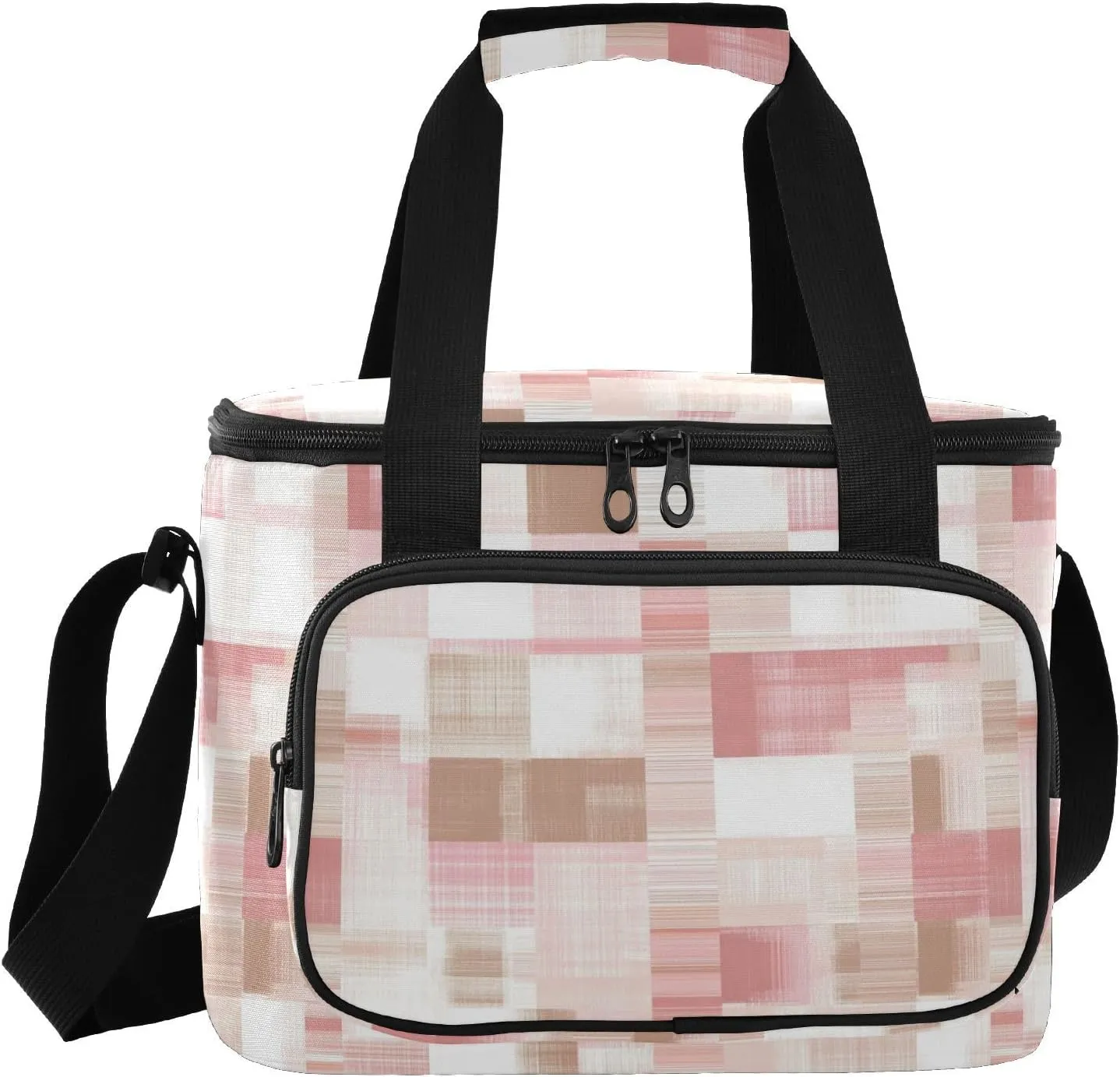 KLL Herringbone Houndstooth Checked White Pink Large Capacity Big Lunch Bags Crossbody Meal Prep Lunch Bag for Teachers