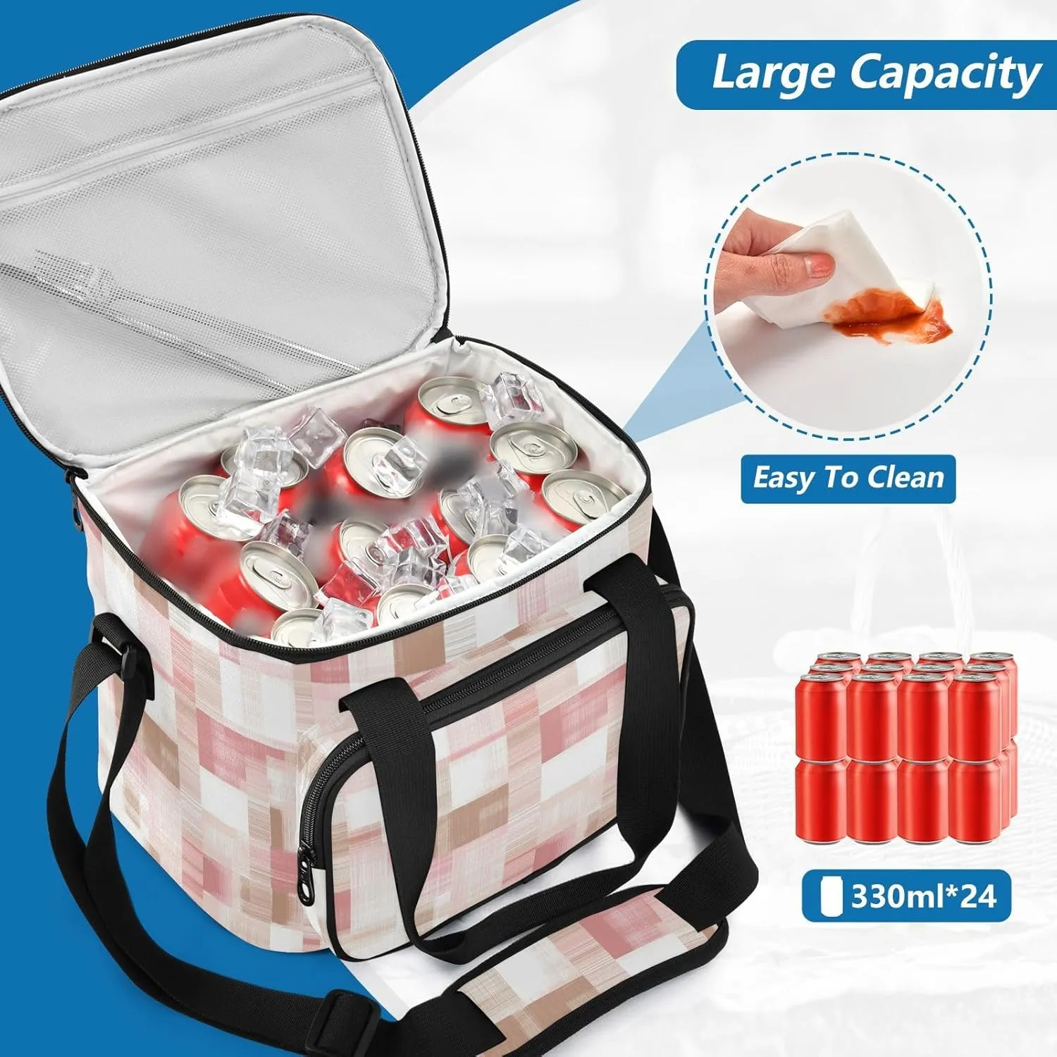 KLL Herringbone Houndstooth Checked White Pink Large Capacity Big Lunch Bags Crossbody Meal Prep Lunch Bag for Teachers