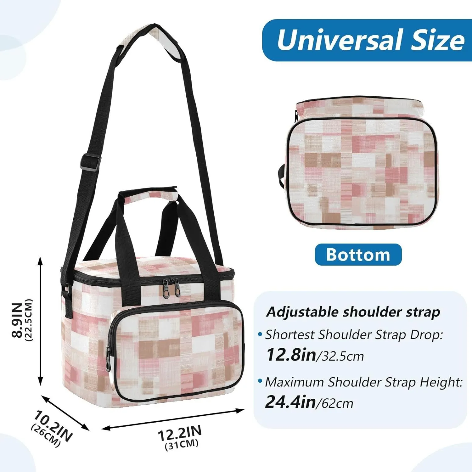 KLL Herringbone Houndstooth Checked White Pink Large Capacity Big Lunch Bags Crossbody Meal Prep Lunch Bag for Teachers