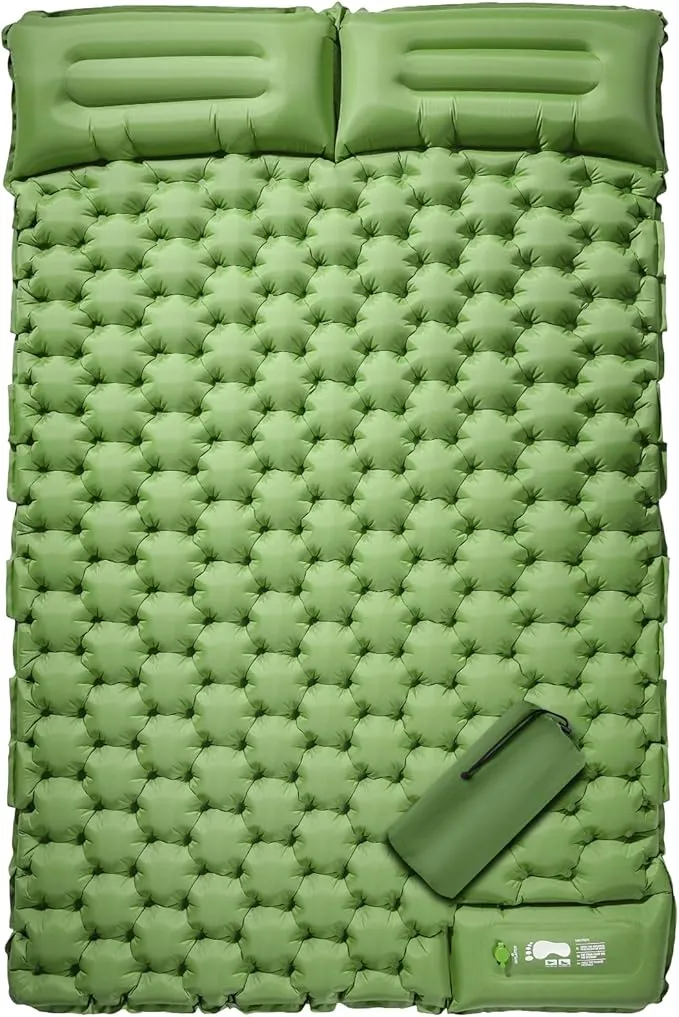 LAMA Double Sleeping Pad for Camping, 2 Persons Self Inflating Camping Mat for Sleeping, Ultralight Sleeping Mat with Pillow Built-in Pump, Ultra-Thick Air Mattress for Backpacking, Hiking, Green