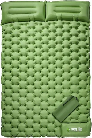LAMA Double Sleeping Pad for Camping, 2 Persons Self Inflating Camping Mat for Sleeping, Ultralight Sleeping Mat with Pillow Built-in Pump, Ultra-Thick Air Mattress for Backpacking, Hiking, Green
