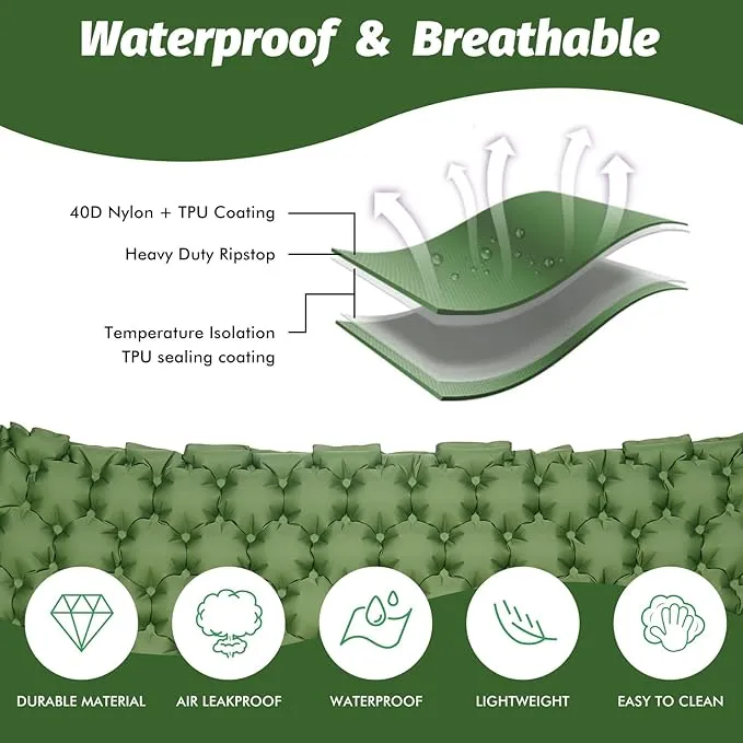 LAMA Double Sleeping Pad for Camping, 2 Persons Self Inflating Camping Mat for Sleeping, Ultralight Sleeping Mat with Pillow Built-in Pump, Ultra-Thick Air Mattress for Backpacking, Hiking, Green