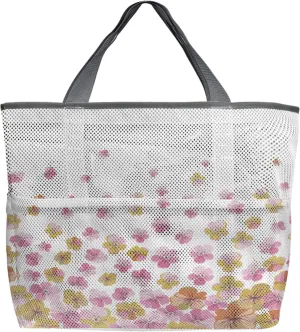 Large Beach Bag for Women, Spring Floral Mesh Beach Tote with Pockets, Yellow Pink Ombre Flowers Pastoral Botanical Travel Toy Bag for Toys, Towel, Flip Flops