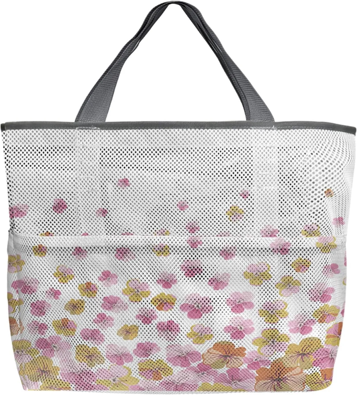 Large Beach Bag for Women, Spring Floral Mesh Beach Tote with Pockets, Yellow Pink Ombre Flowers Pastoral Botanical Travel Toy Bag for Toys, Towel, Flip Flops