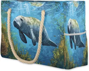 Large Beach Tote Bags for Women Ocean Animal Walrus Waterproof Sandproof Shoulder Bags Swim Pool Purse with Zipper Beach Vacation Essentials for Summer Swim Pool Travel Gifts