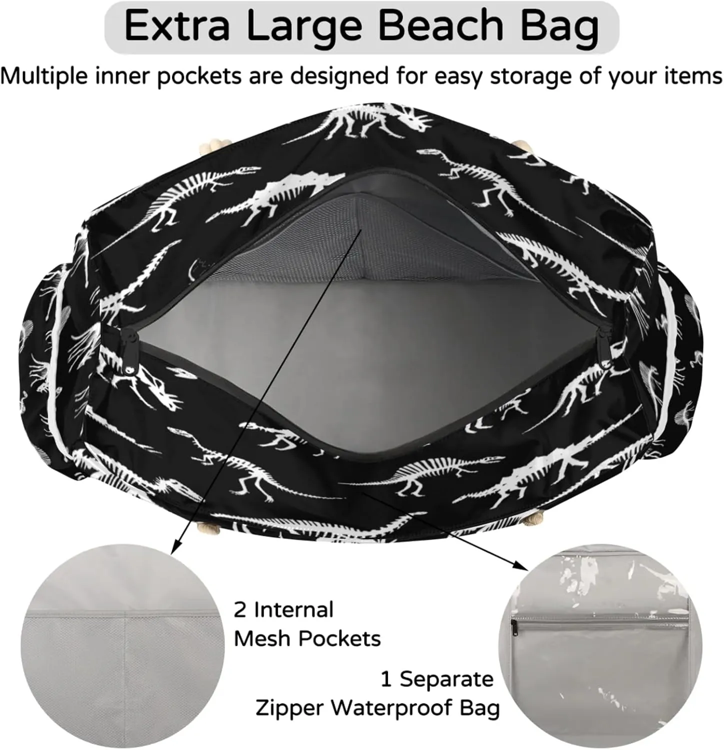 Large Beach Tote Bags for Women, Waterproof Beach Bag with Zipper, Swim Pool Tote Bags