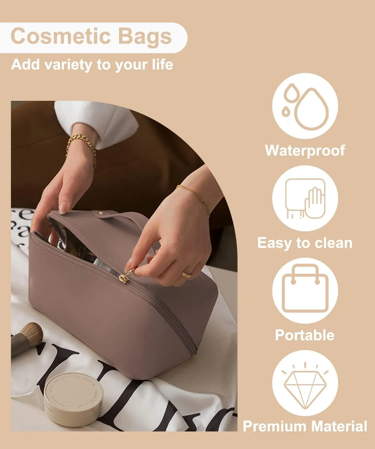 Large Capacity Travel Cosmetic Bag- Quilted Makeup Bag, PU Leather Waterproof Makeup Organizer Bag,with Handle and Divider Flat Lay Cosmetic Bags for Women and Girls.Khaki
