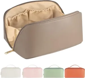 Large Capacity Travel Cosmetic Bag- Quilted Makeup Bag, PU Leather Waterproof Makeup Organizer Bag,with Handle and Divider Flat Lay Cosmetic Bags for Women and Girls.Khaki