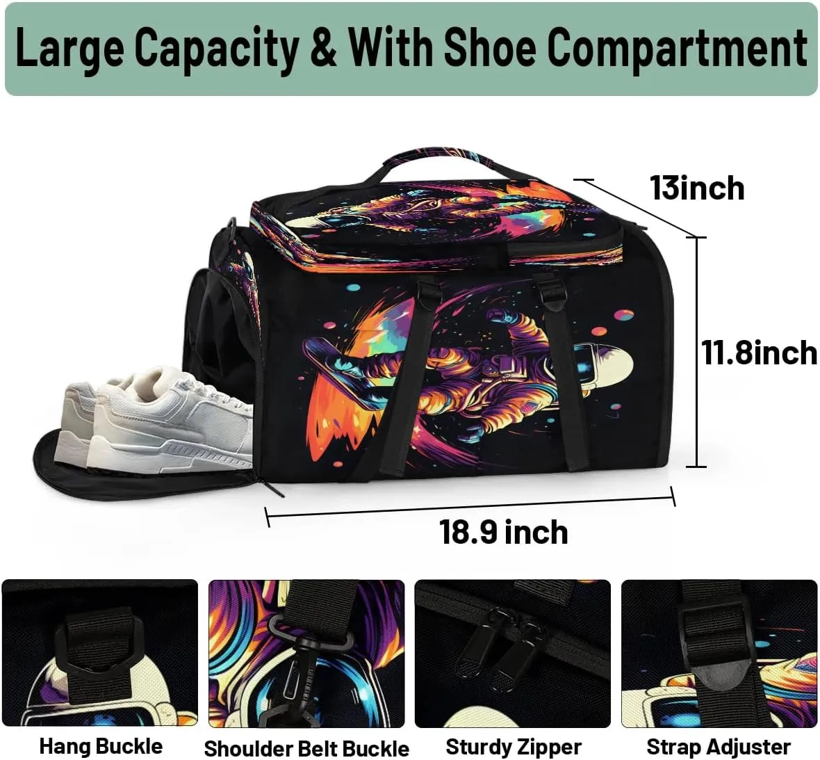 Large Carry on Backpack for Women Men Multi-function Gym Duffle Bag Astronaut Printed Backpack Polyester Waterproof Duffel Bags