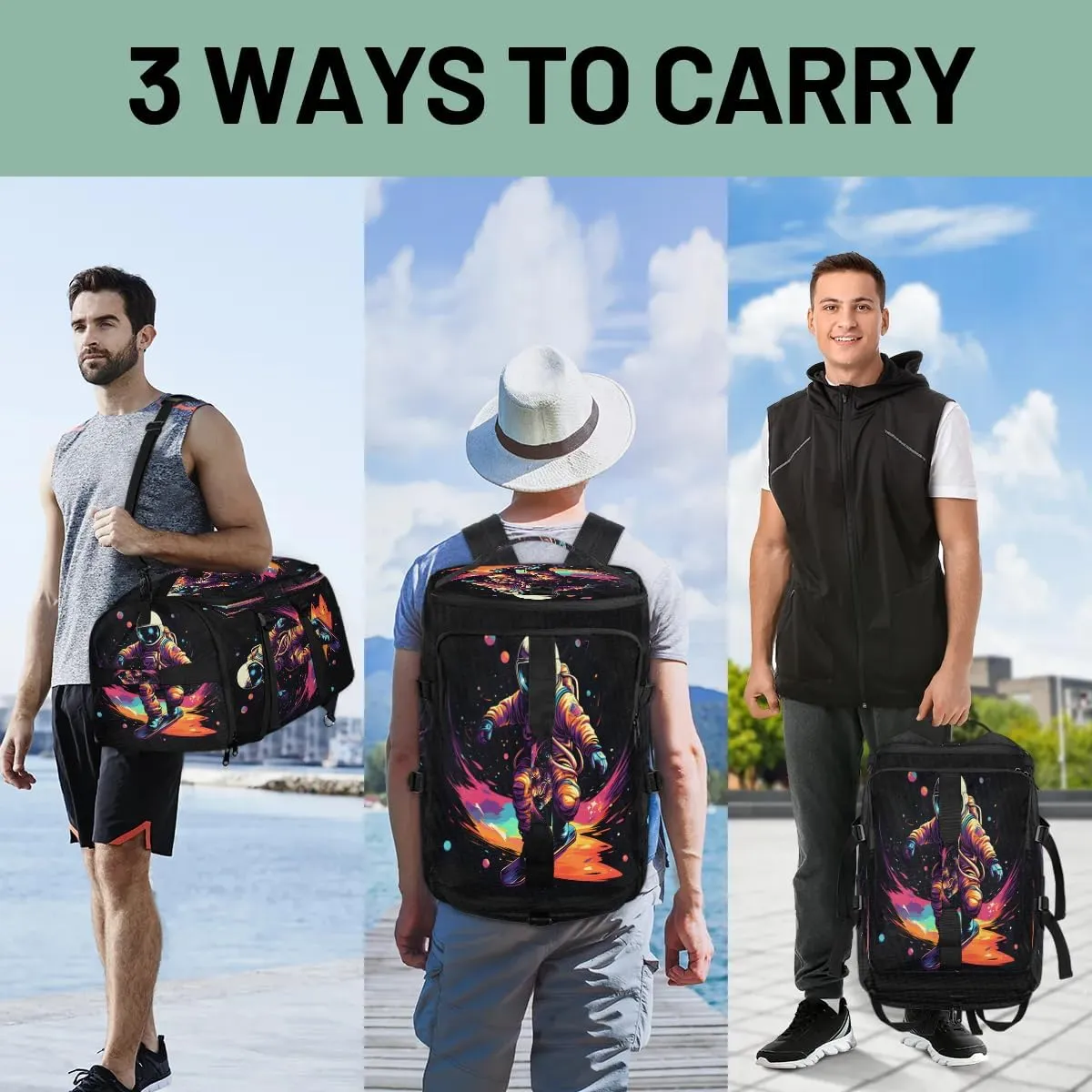 Large Carry on Backpack for Women Men Multi-function Gym Duffle Bag Astronaut Printed Backpack Polyester Waterproof Duffel Bags