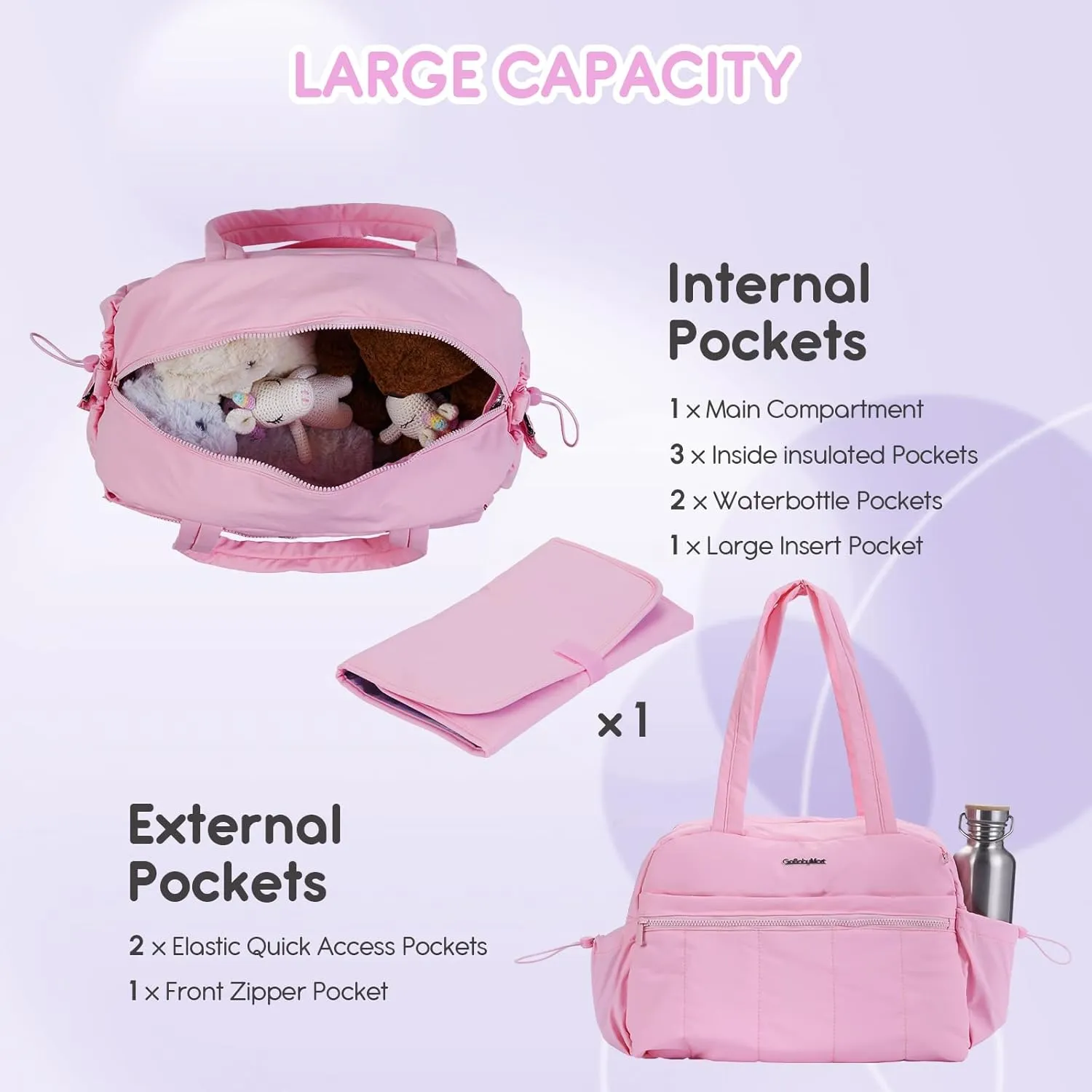 Large Diaper Bag Tote with Changing Pad, Maternity Baby Travel Nappy Bags with Wet Pocket, Hospital Bag (Pink)