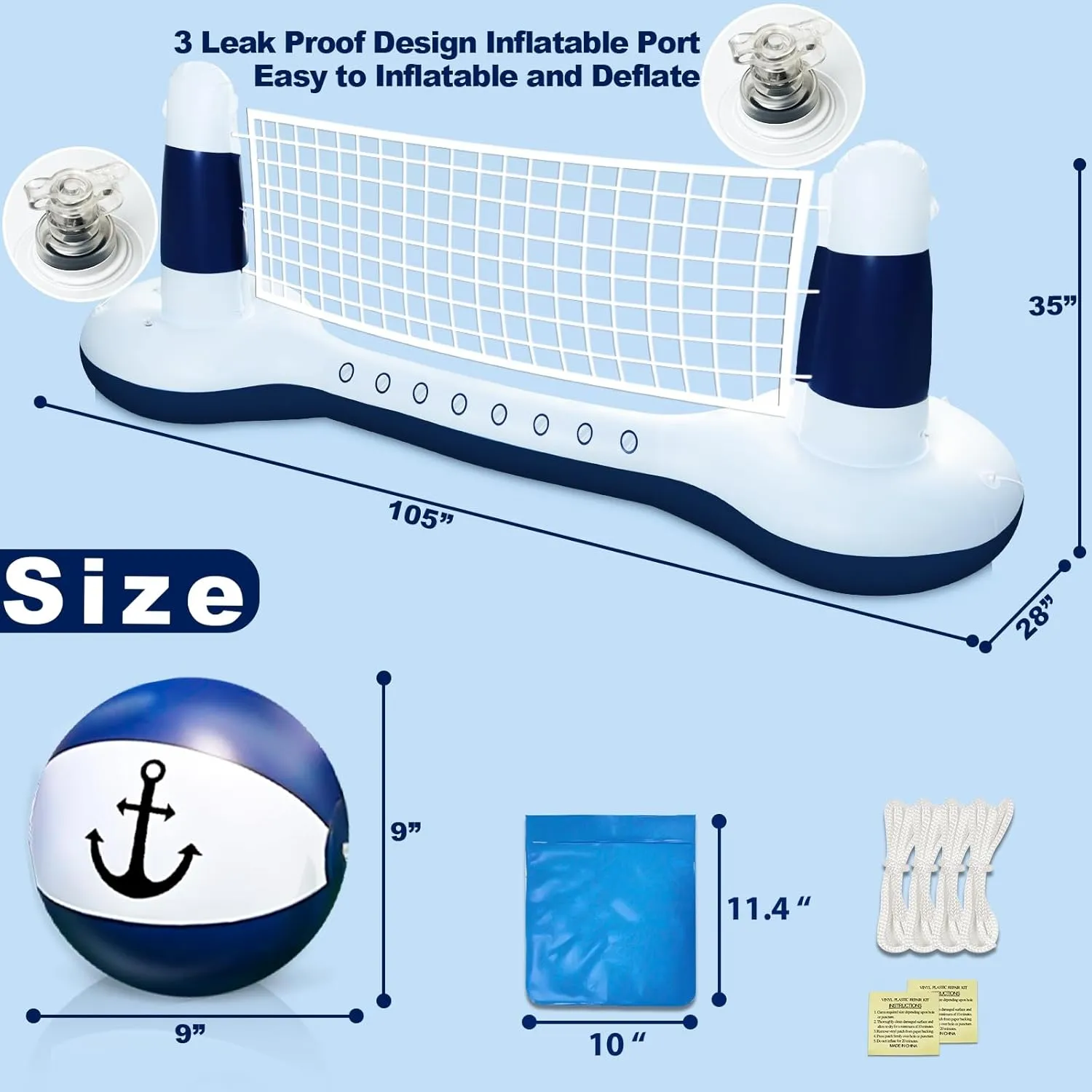 Large Inflatable Pool Games Volleyball Net Pool Float Set with 9" Anchor Ball, 2 Weight Bags & Yacht Design – Floating Swimming Game Toy for Adults & Kids, Perfect for Summer Water Sport Pool Party