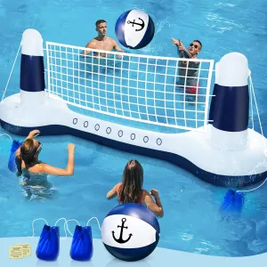 Large Inflatable Pool Games Volleyball Net Pool Float Set with 9" Anchor Ball, 2 Weight Bags & Yacht Design – Floating Swimming Game Toy for Adults & Kids, Perfect for Summer Water Sport Pool Party