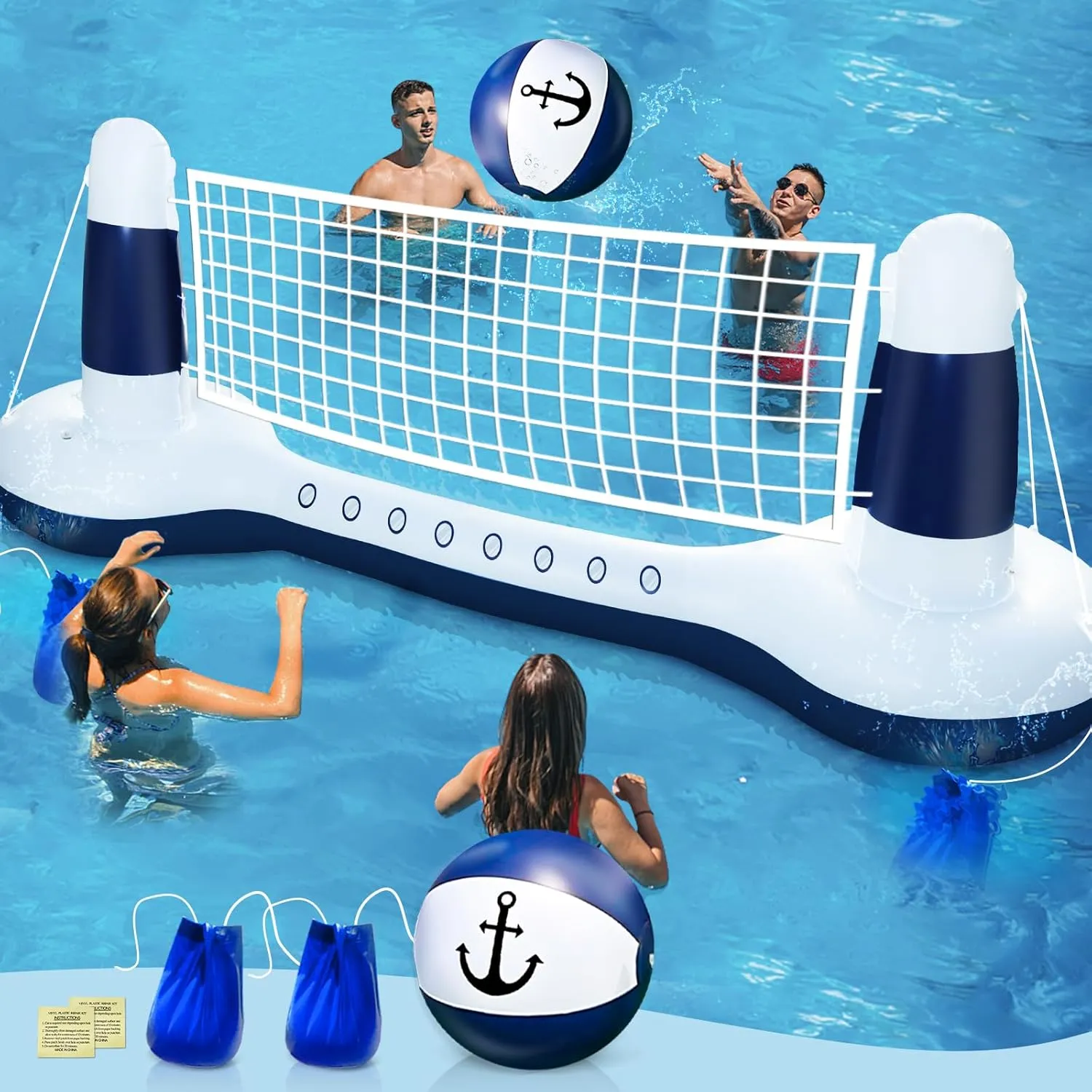 Large Inflatable Pool Games Volleyball Net Pool Float Set with 9" Anchor Ball, 2 Weight Bags & Yacht Design – Floating Swimming Game Toy for Adults & Kids, Perfect for Summer Water Sport Pool Party