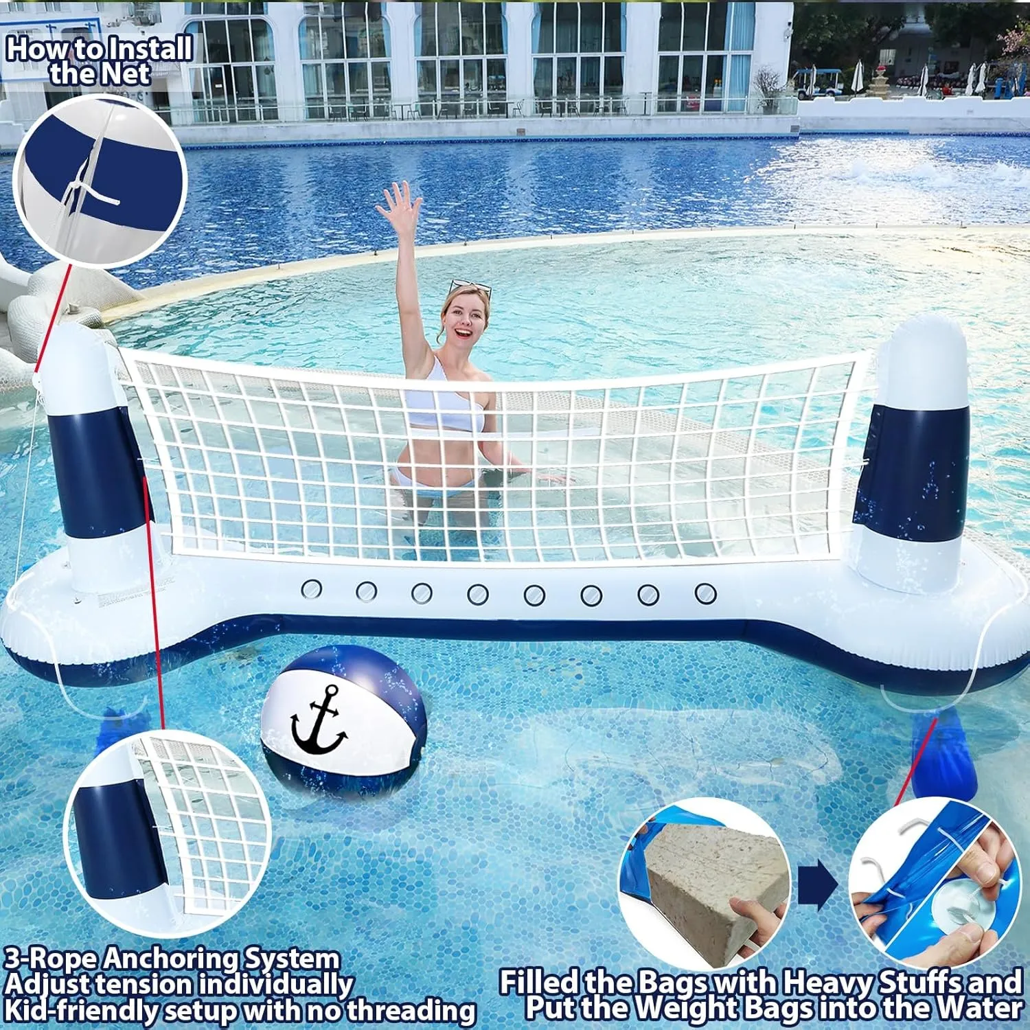 Large Inflatable Pool Games Volleyball Net Pool Float Set with 9" Anchor Ball, 2 Weight Bags & Yacht Design – Floating Swimming Game Toy for Adults & Kids, Perfect for Summer Water Sport Pool Party
