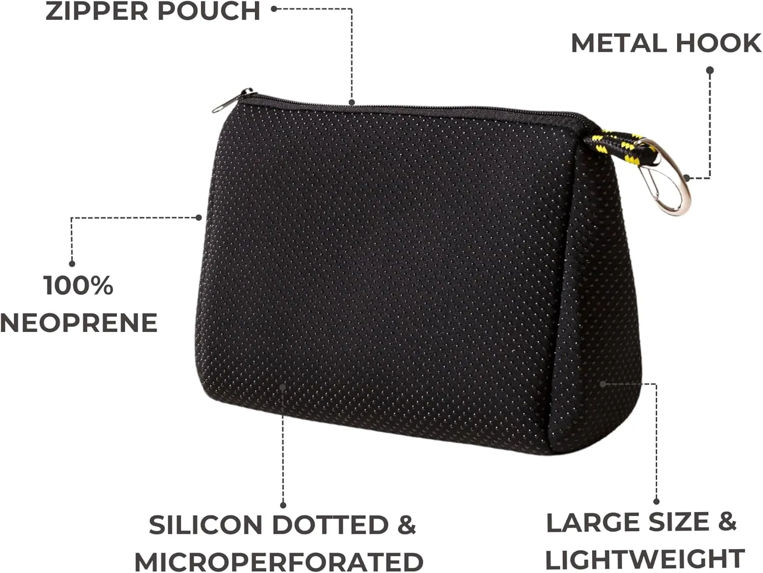 Large Makeup Bag with Zipper, Black - Waterproof Neoprene Cosmetic Bag 7.7 x 10.75 x 5 inches