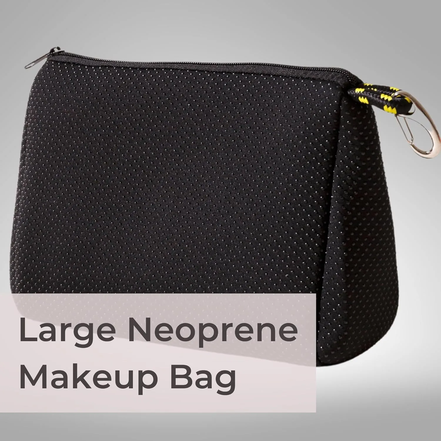 Large Makeup Bag with Zipper, Black - Waterproof Neoprene Cosmetic Bag 7.7 x 10.75 x 5 inches