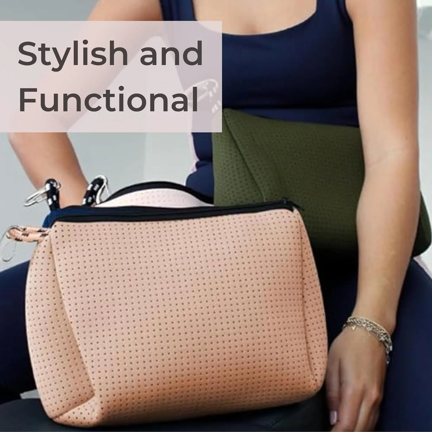 Large Makeup Bag with Zipper, Tan - Waterproof Neoprene Cosmetic Bag 7.7 x 10.75 x 5 inches