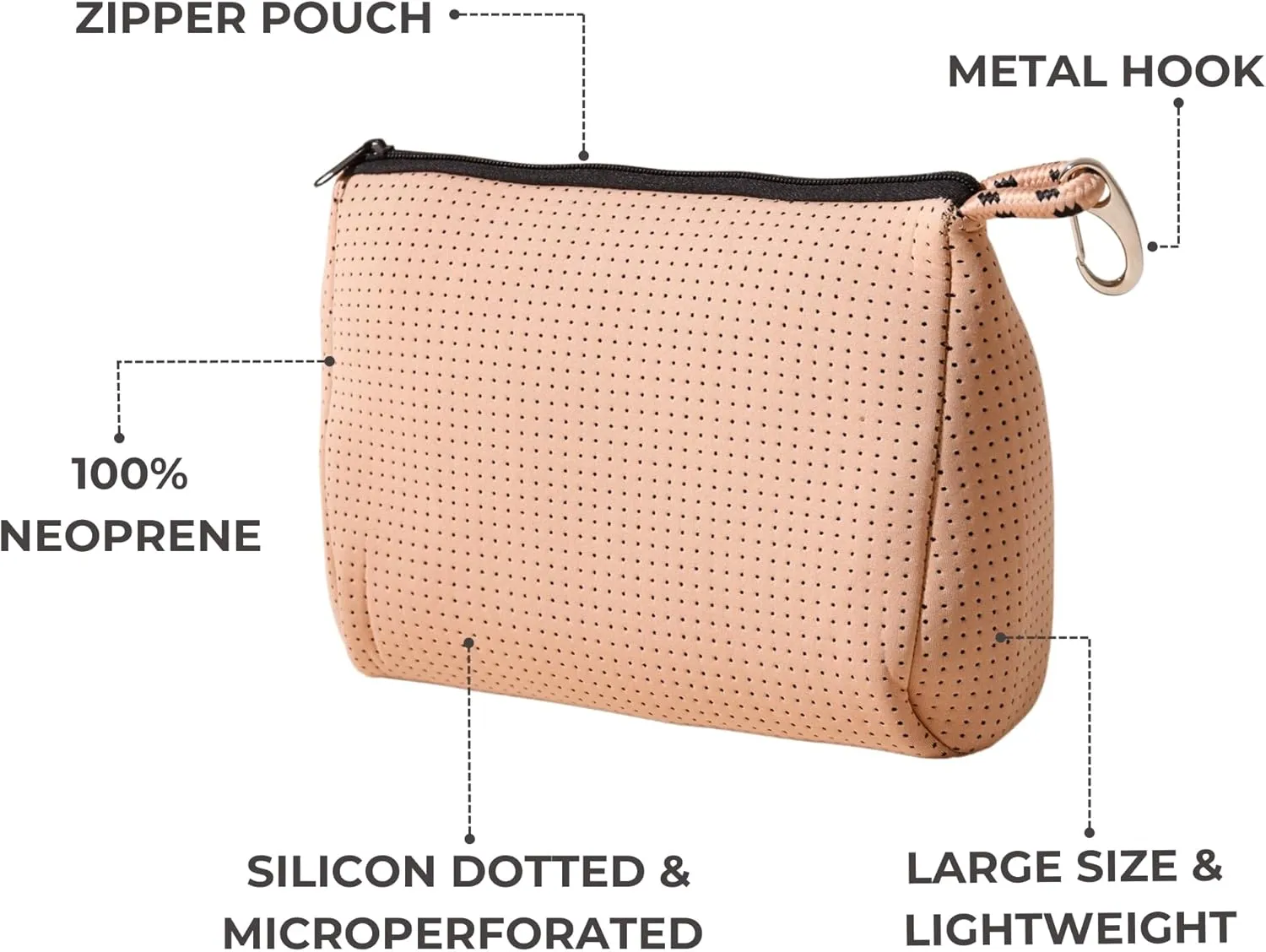 Large Makeup Bag with Zipper, Tan - Waterproof Neoprene Cosmetic Bag 7.7 x 10.75 x 5 inches