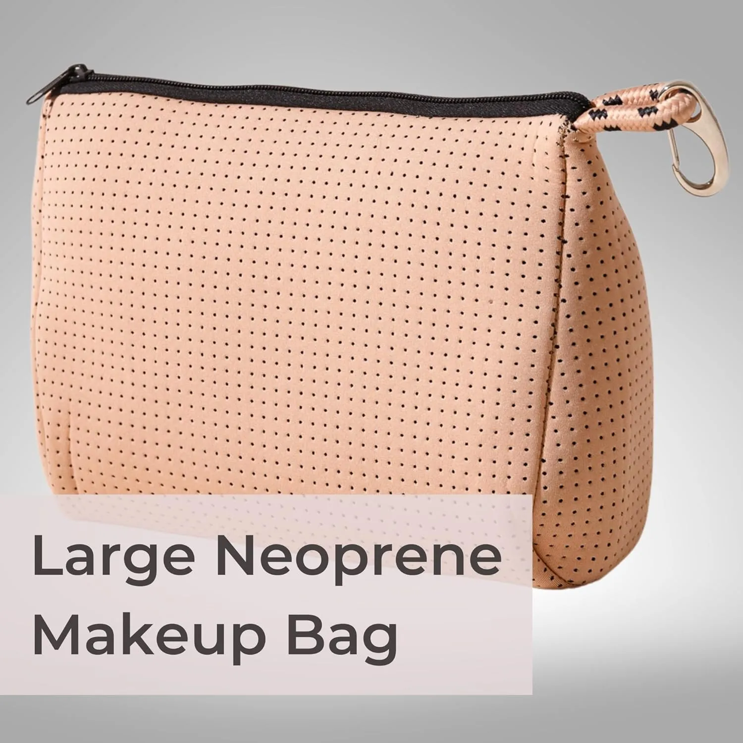 Large Makeup Bag with Zipper, Tan - Waterproof Neoprene Cosmetic Bag 7.7 x 10.75 x 5 inches