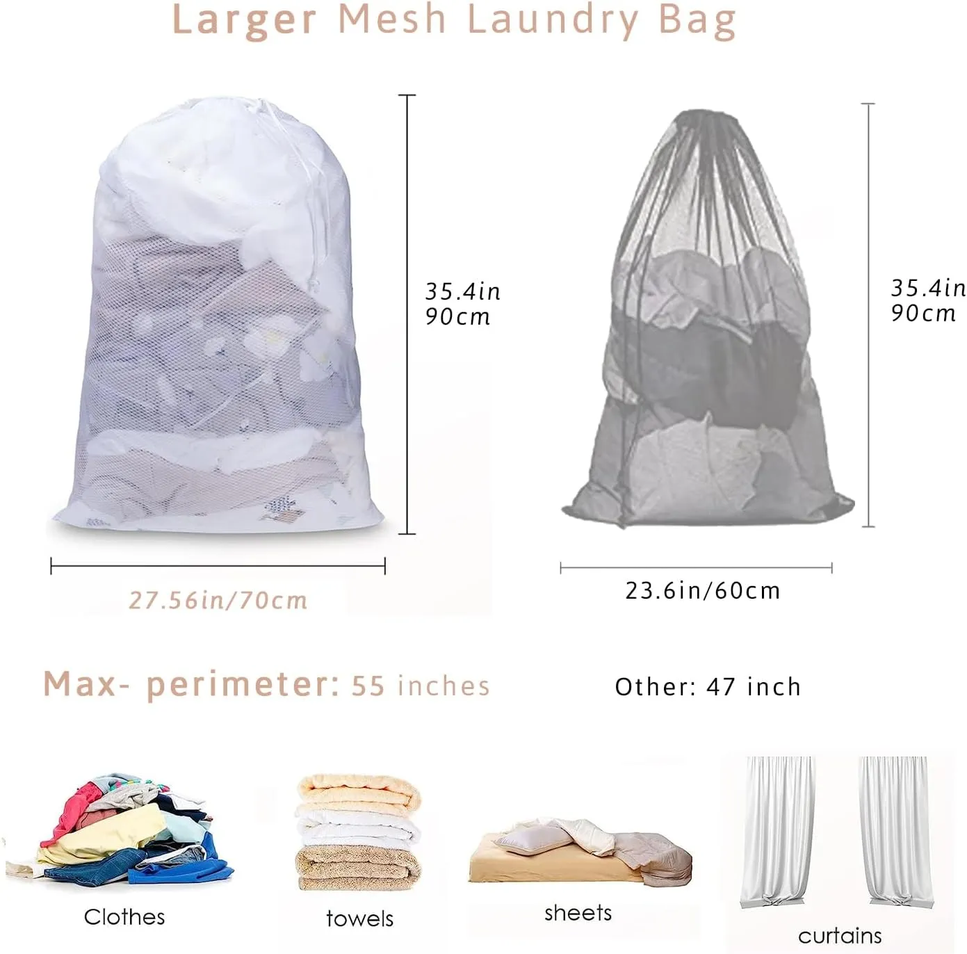 Large Mesh Laundry Bag, 27×36inch Heavy Duty Mesh Laundry Bags Drawstring Lockable, Laundry Hamper Liner, Machine Washable, for Travel,Storage, Sports Factories, Dorms, White 2pcs