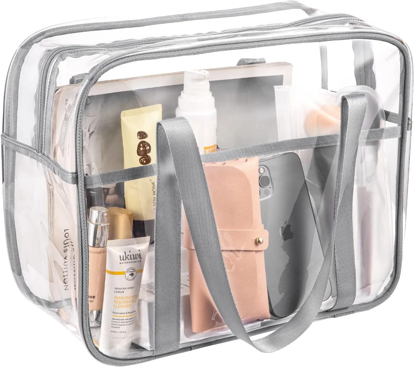 Large Thick PVC Zippered Bags - Cosmetic Makeup Toiletry Bags For Daily Work, Travel, Sports (Grey)