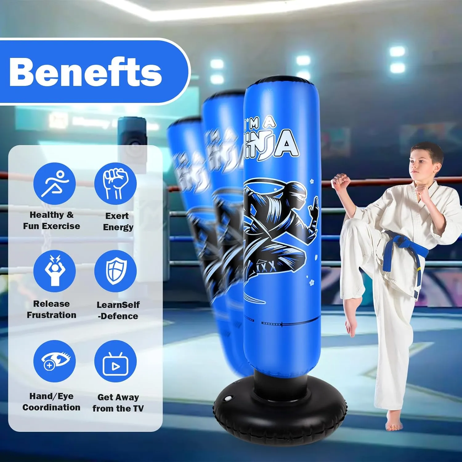 Larger Inflatable Punching Bag for Kids with Boxing Gloves,Tall 66 Inch Ninja Kids Inflatable Boxing Bag,Gifts for Boys & Girls Age 5-12 for Taekwondo,MMA and Practicing Karate