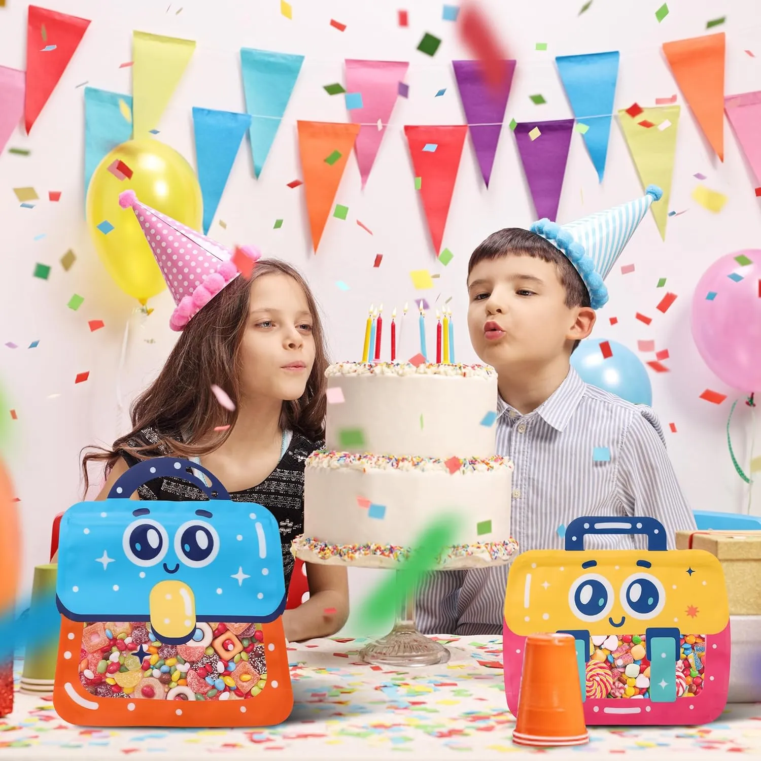 Lati Large Cartoon 24PCS Birthday Party Favors Goodie Bags - Style Durable Plastics Gift with Handles for Candy Treats,Events