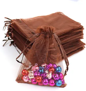 Lautechco 100Pcs Organza Bags - 3x4 inches Brown Mesh Drawstring Gift Bags for Christmas