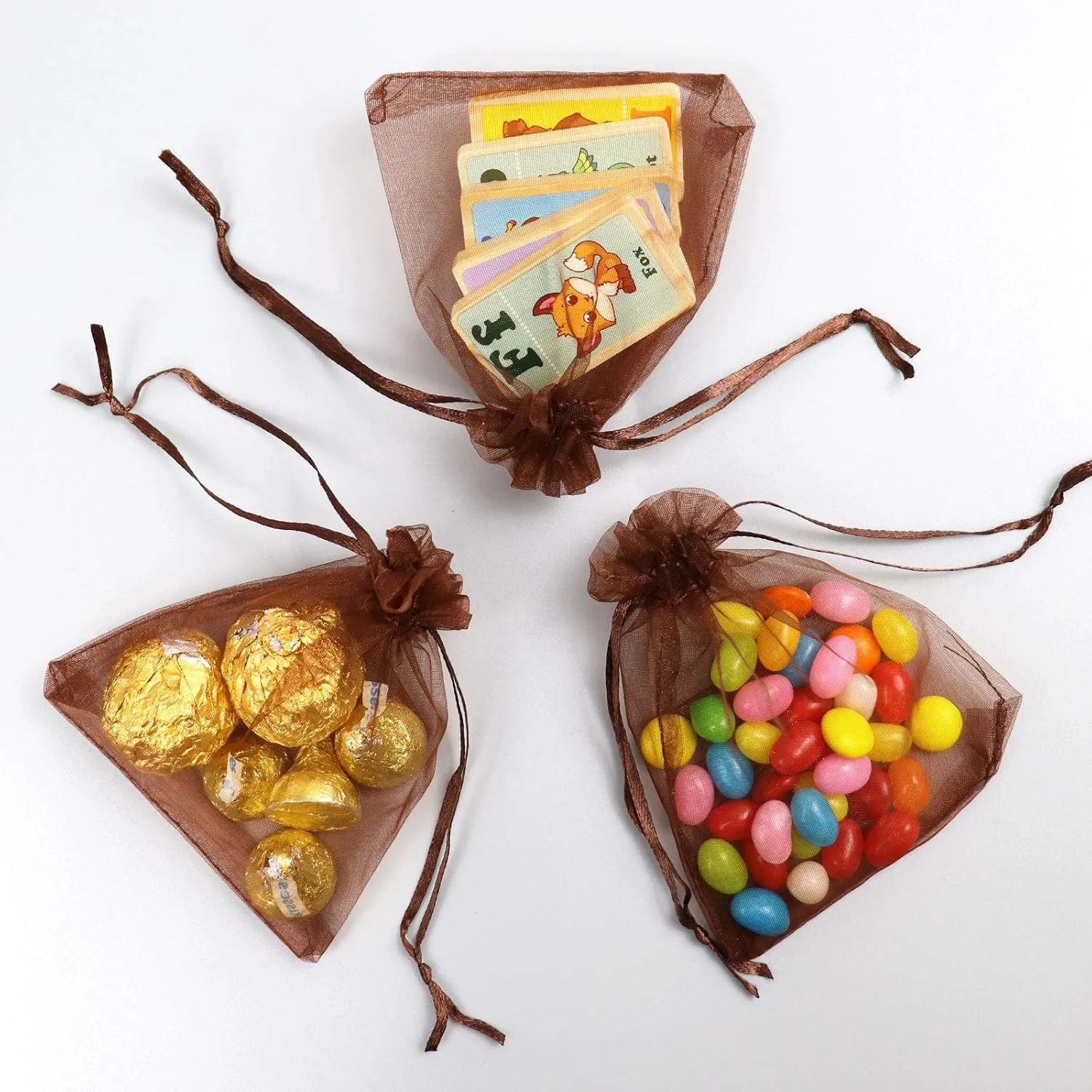 Lautechco 100Pcs Organza Bags - 3x4 inches Brown Mesh Drawstring Gift Bags for Christmas