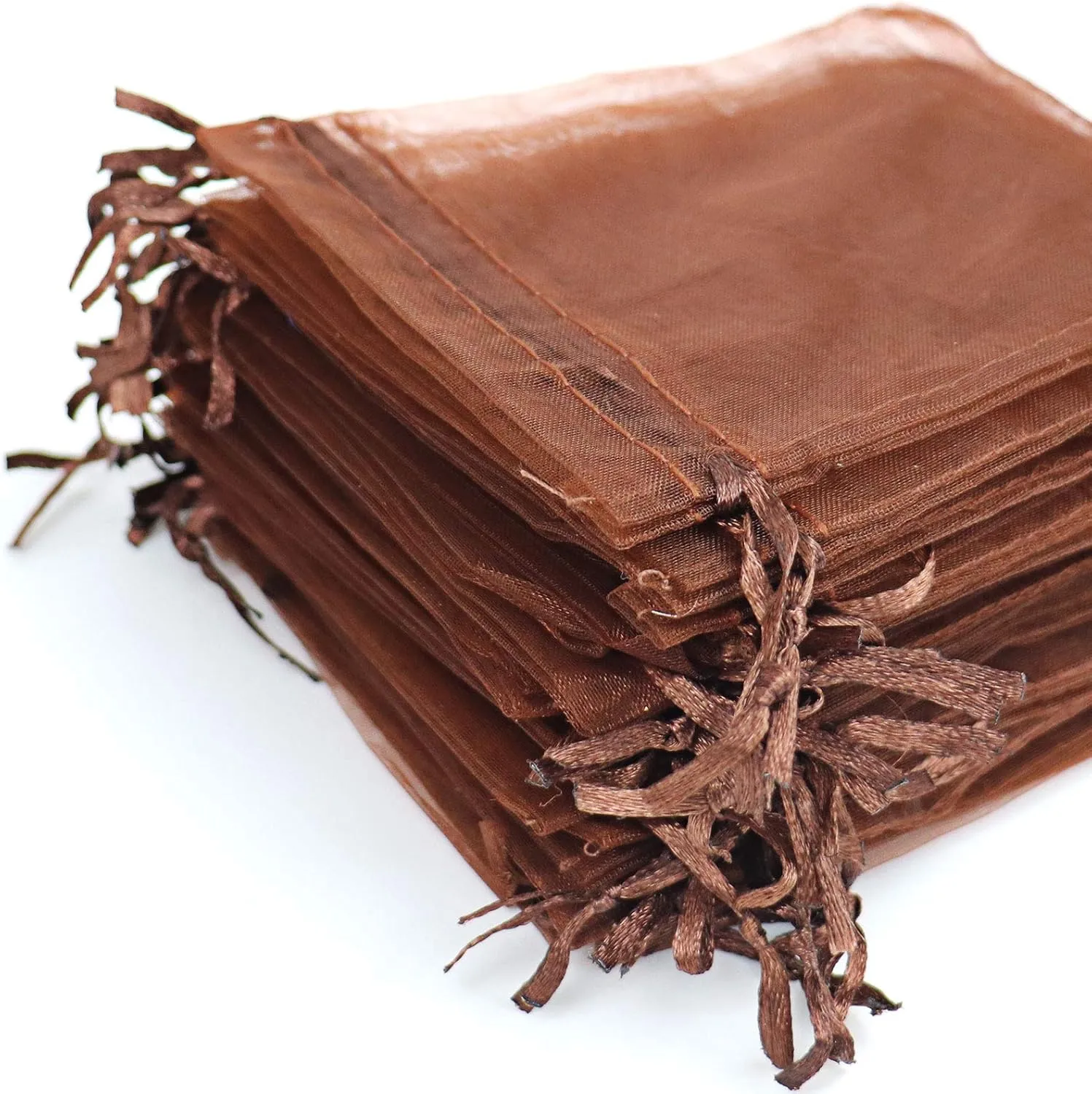 Lautechco 100Pcs Organza Bags - 3x4 inches Brown Mesh Drawstring Gift Bags for Christmas