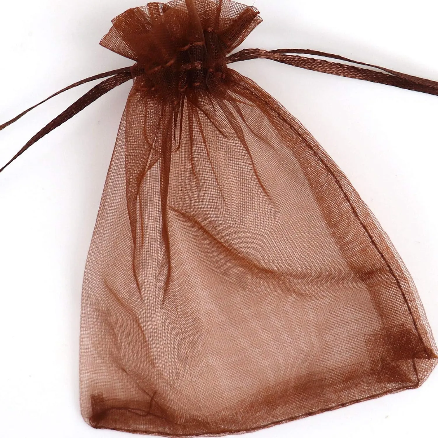 Lautechco 100Pcs Organza Bags - 3x4 inches Brown Mesh Drawstring Gift Bags for Christmas