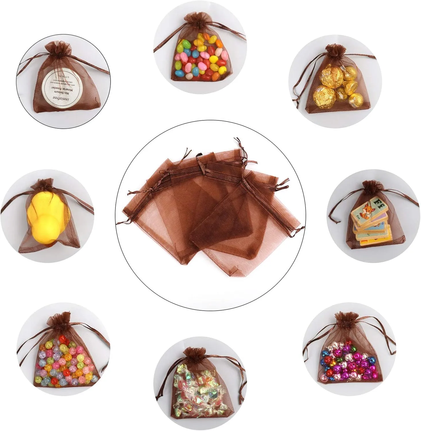 Lautechco 100Pcs Organza Bags - 3x4 inches Brown Mesh Drawstring Gift Bags for Christmas