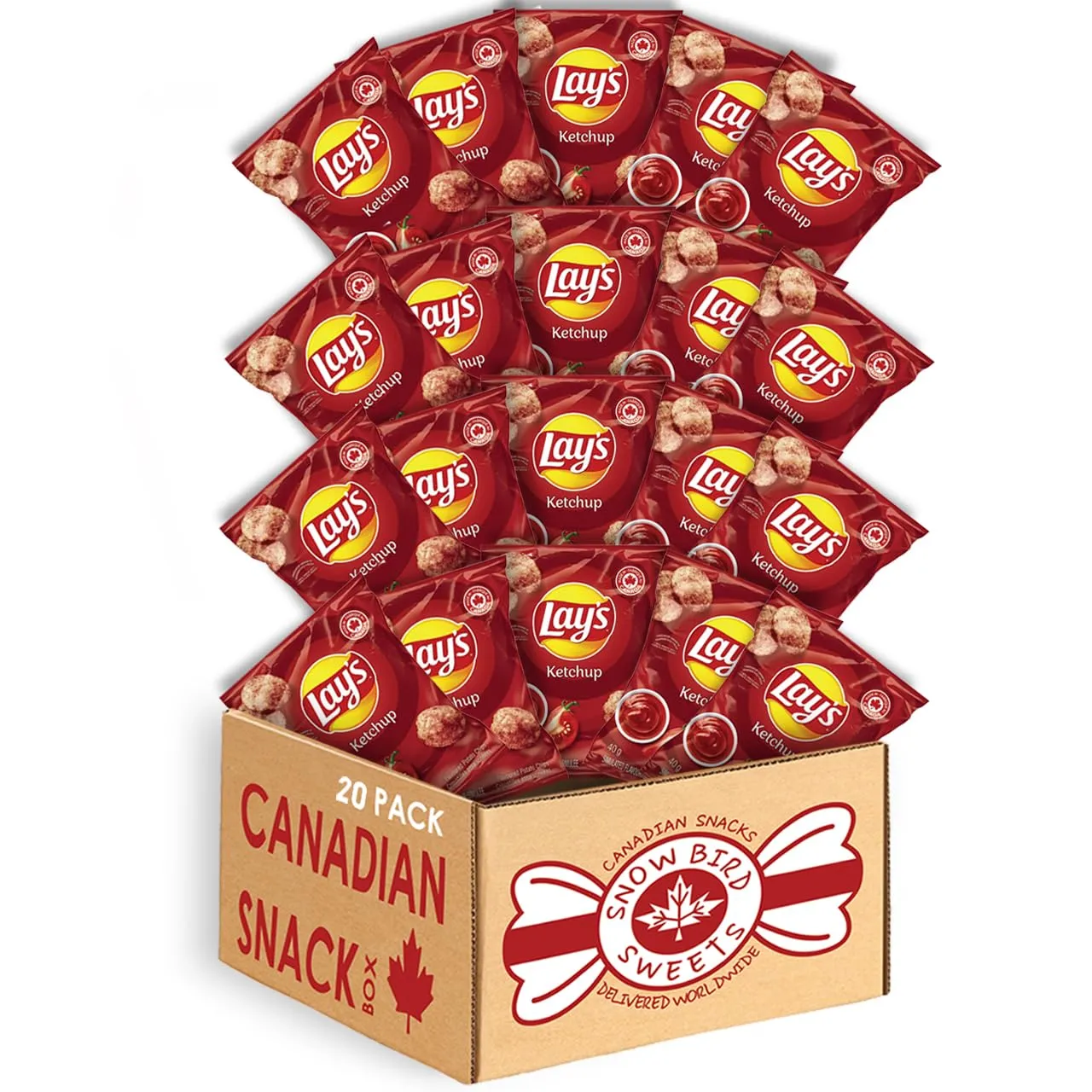 Lays ketchup chips 20 Pack Minis (40g each) | ketchup lays chips| lays ketchup chips canada| lays ketchup potato chips| canadian lays ketchup chips| lays potato chips ketchup flavor| - by Snowbird Sweets